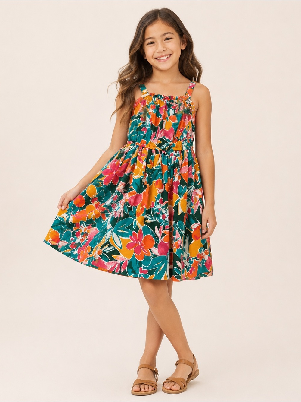 New Condition Carter's Teal, Pink & Orange Floral Sundress with Smocked Bodice.